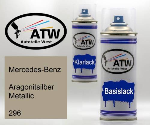Mercedes-Benz, Aragonitsilber Metallic, 296: 400ml Sprühdose + 400ml Klarlack - Set, von ATW Autoteile West.
